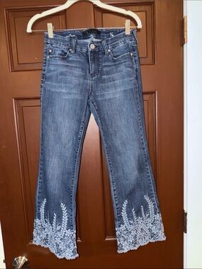 Liverpool Blue Jeans with White Floral Embroidered Flare